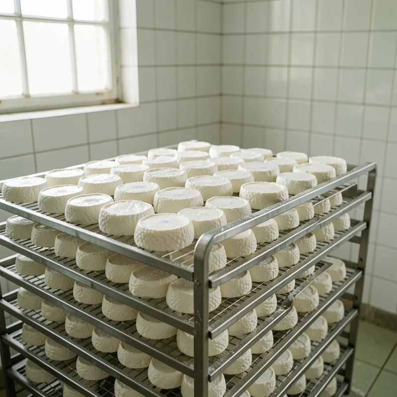 Fromages de chèvre frais démoulés posés sur des grilles d’égouttage en salle de ressuyage carrelée