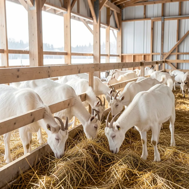 Chèvres blanches à l’auge dans une chèvrerie lumineuse en hiver, litière de paille propre