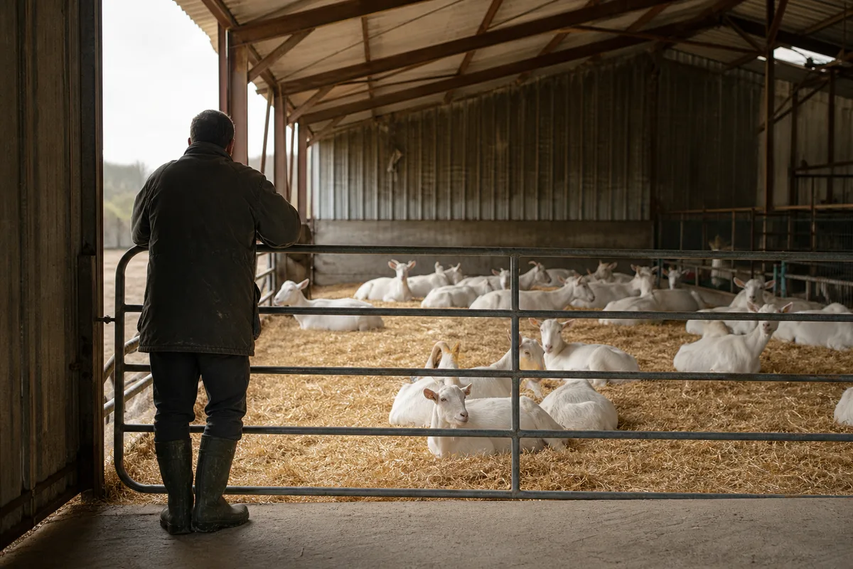 Éleveur de dos qui observe un troupeau de chèvres blanches couchées sur une litière de paille propre dans une chèvrerie, lumière rasante du matin par une porte ouverte