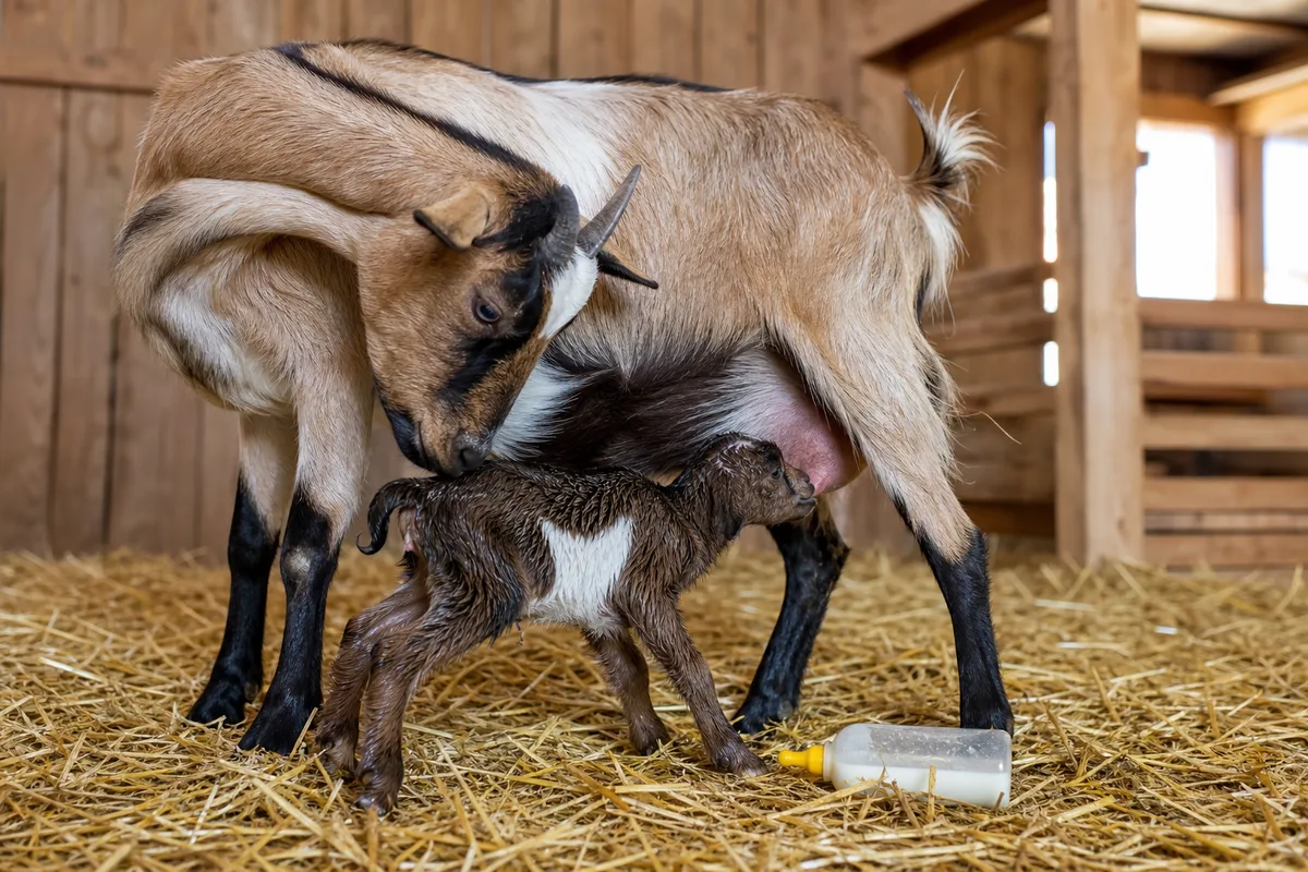 Chevreau nouveau-né tétant sa mère dans la paille d&rsquo;une chèvrerie, avec un biberon de colostrum posé à proximité